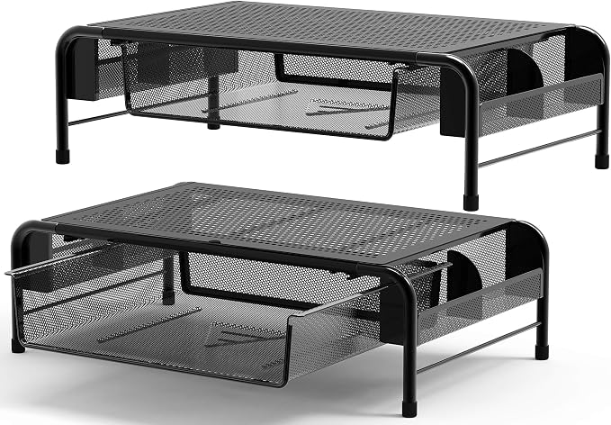 Simple Houseware Metal Desk Monitor Stand Riser w/ Drawer, 2-Pack, Black | Side Storage for Office Supplies