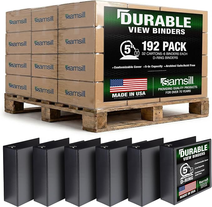 Samsill Durable 5 inch 3 Ring Binder, Locking D Ring 100% Recycled Chipboard, Black, Pallet of 192 Binders in 32 Cartons