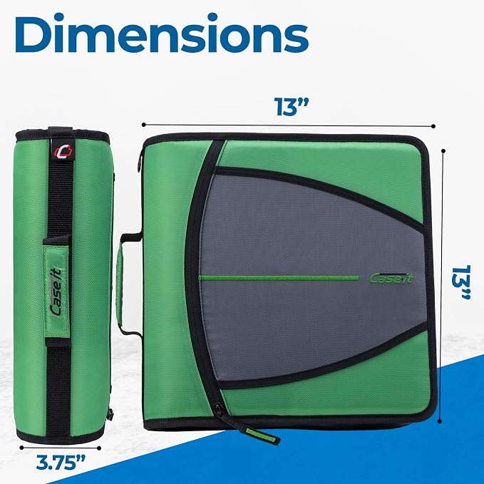 Case-it Mighty Zip Tab School Zipper Binder | 3-Inch O-Rings, 600-Sheet Capacity, 5-Subject Expanding File Folder, Multiple Pockets & Storage Organizer, Shoulder Strap | D-146 Canopy Green (Pack of 6)