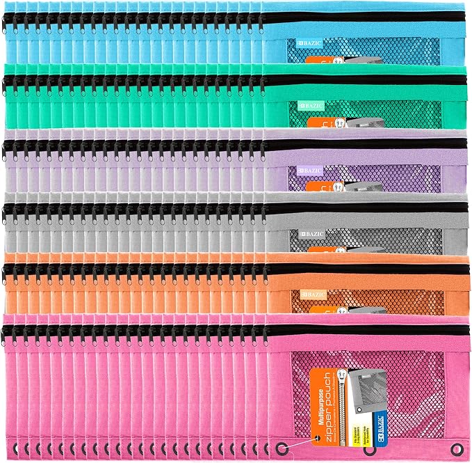 BAZIC PRODUCTS Retro Pastel 3-Ring Pencil Pouch with Mesh Window, 144-Case | clear mesh window and a zipper closure for pens, pencils