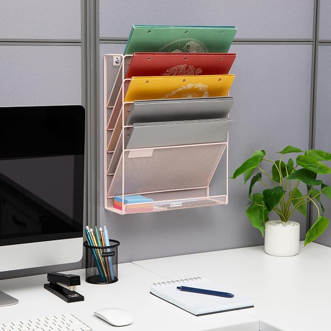 Mind Reader 5-Tier Vertical File Storage, Desktop Organizer, Wall Mount, Office, Metal Mesh, 12.75" L x 4" W x 16" H, Pink (Pack of 4)