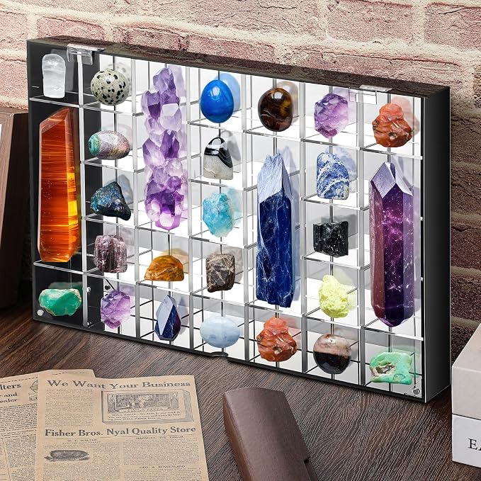 Cinnvoice Rock Display Case 35 Grids,Black Border,Square | Adjustable Acrylic Display Case, Crystal Organizer for Collectible, with Built-in Mirrored, Magnetic Door, Wall Mount