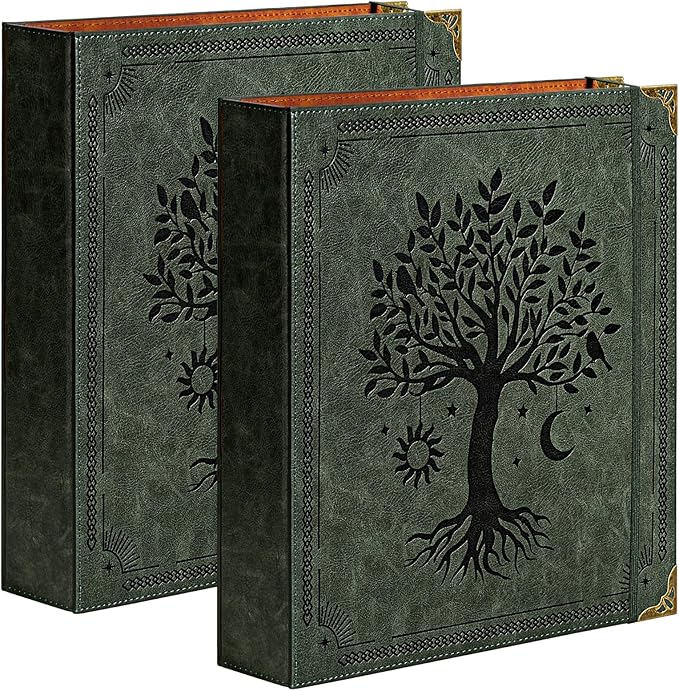 Ovesmusl 2 Pack PU Leather D Ring Binder, 2 Inch Green Tree | Fits 8.5x11 letter paper, holds 550 sheets, inner pockets, loose leaf organizer