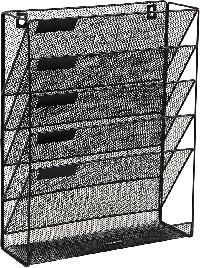 Mind Reader 5-Tier Vertical File Storage, Desktop Organizer, Wall Mount, Office, Metal Mesh, 12.75" L x 4" W x 16" H, Black (Pack of 4)