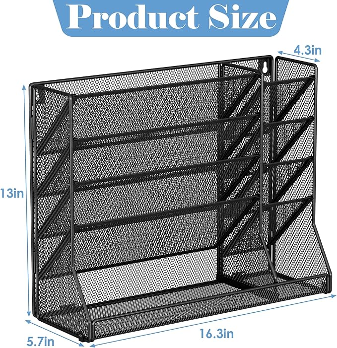 Jakyitvi Adjustable 5 Tiers Wall File Organizer Metal Hanging Holder Black | 5 tiers desk paper organizer, folder holder wall mount, mail organizer for home office, hanging document tray