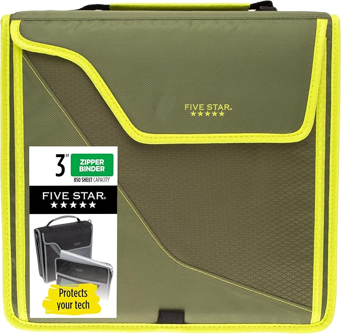 Five Star Zipper Binder, 3 Inch 3-Ring Binder with D Rings, Removable Padded Case, 5-Tab Expanding File and Multi-Use Strap, 850 Sheet Capacity, Olive/Citrus (292960C)