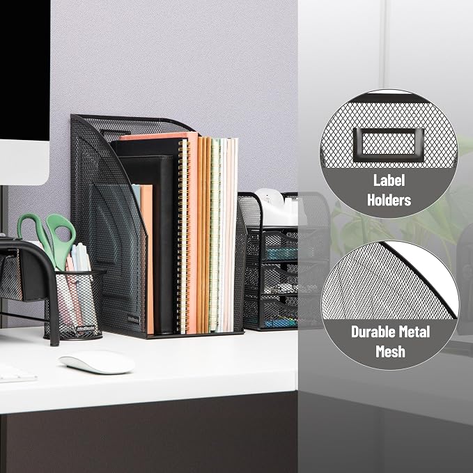 Mind Reader Vertical File Organizers, Desktop File Holders for Folders, Magazines, and Paperwork, Workspace Organizer, Metal Mesh, Set of 2, Black