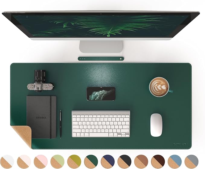 RENMTURE Dual-Sided Mouse Pad, Natural Cork & PU Leather Large Desk Pad for Office and Home Work, Desk Protector Non-Slip, Waterproof, Easy Clean (Dark Green, 36"x17")