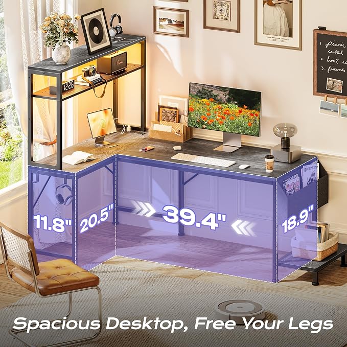 L Shaped Gaming Desk with LED Lights & Power Outlets | Reversible Computer Desk with Storage Shelves & Bag, Large Corner Home Office Desk with Pegboard for Work from Home, Grey