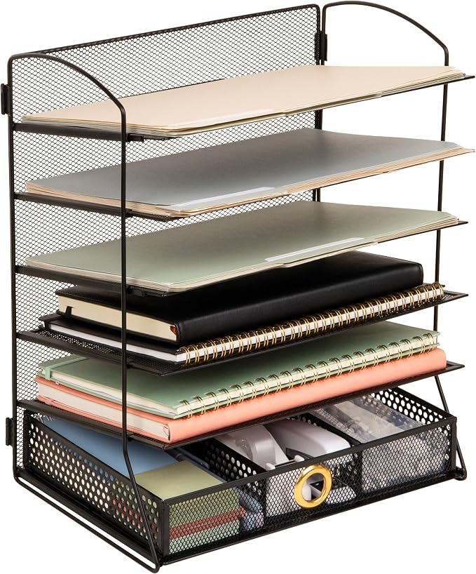Mind Reader 5 Tier Desk Organizer, Black | Sliding Trays and Drawer, Metal Mesh File Sorter, Angled Shelves, Divided Storage