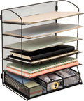 Mind Reader 5 Tier Desk Organizer, Black | Sliding Trays and Drawer, Metal Mesh File Sorter, Angled Shelves, Divided Storage