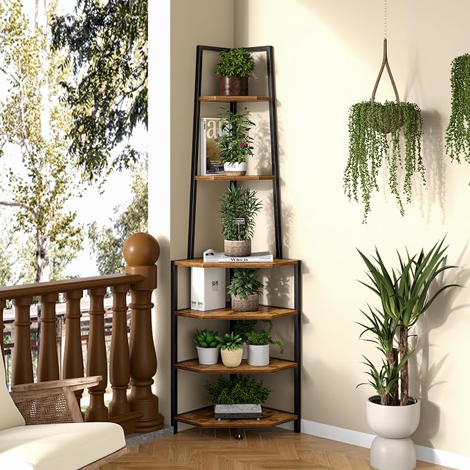 VECELO 6 Tier Corner Shelf 69 Inch Industrial Bookshelf with Metal Frame, Multipurpose Tall Plant Stand with Opening Display Shelves for Living Room, Bedroom, Home Office, Small Space, Brown