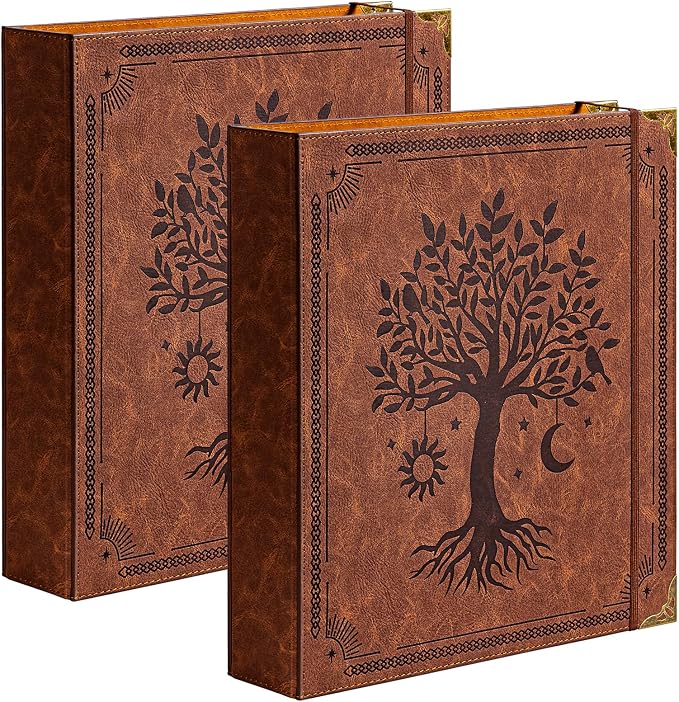 Ovesmusl 2 Pack PU Leather D Ring Binder, 2 Inch Brown Tree | Fits 8.5x11 letter paper, holds 550 sheets, inner pockets, loose leaf organizer