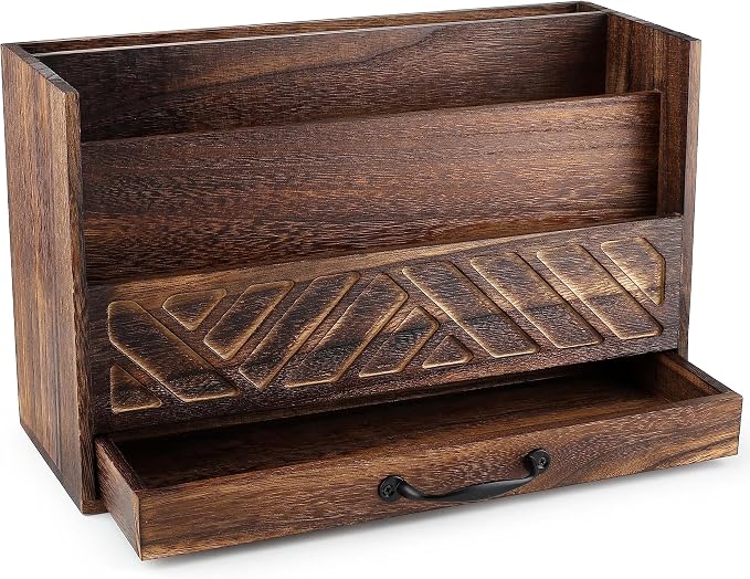 Wood Office Desk Organizers and Storage, Wood Mail Bill Organizer with Drawer for Desktop Organization, Desk Accessories & Workspace Organizers, File Paper Holder Desk Sorter for Storage(Rustic Brown)