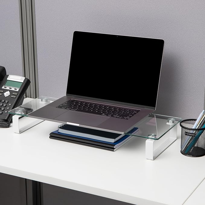Mind Reader Monitor Stand, Contemporary, Desktop Organizer, Laptop Riser, Office, Glass, Clear