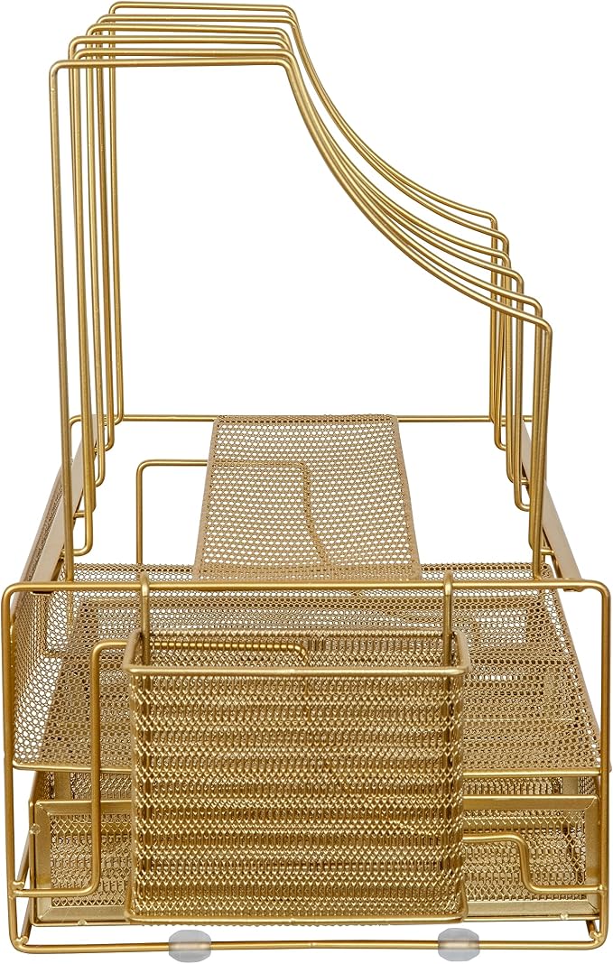 Martha Stewart Ryder Mesh Metal Desktop Organizer with Drawer, Gold | Steel Mesh, Gold Finish