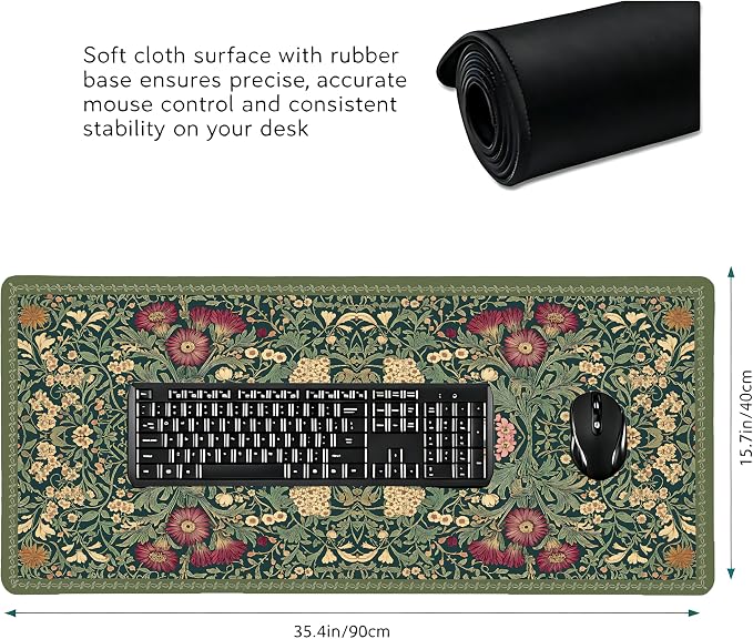 Cute Floral Aesthetic Daisy Gaming Mouse Pad, Dark Green Rug Desk Mat with Anti-Slip Base & Stitched Edges, Computer Keyboard & Laptop Pad, 35.4" x 15.7" in in Workstation Accessories