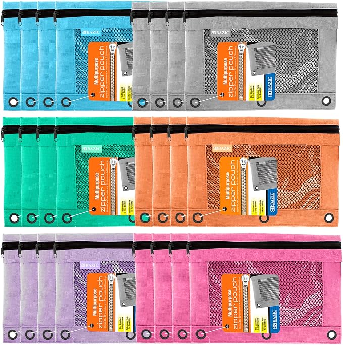 BAZIC PRODUCTS Retro Pastel 3-Ring Pencil Pouch with Mesh Window, 24-Box | clear mesh window and a zipper closure for pens, pencils