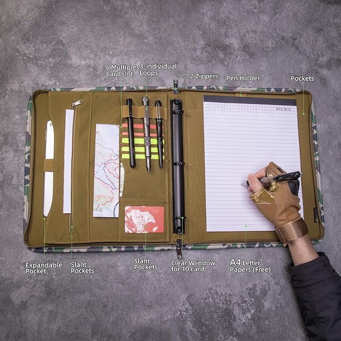 Kosibate Tactical Padfolio Portfolio Binder with Zipper and 25 Sheets of Letter Size Paper,Tactical Notebook Cover with Zippered for Folders,Detachable 3-Ring Binder(Camouflage,A4,13.5X 11.5Inch)