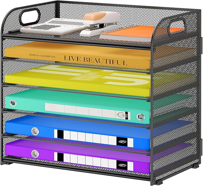 Cawukege 6 Tier Paper Organizer with Handle, Metal Desk Organizer Mesh Paper Letter Tray Desktop File Folder Document Sorter for Classroom, School, Office Accessories Storage (1, 6 Tier - Black)