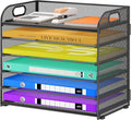 Cawukege 6 Tier Paper Organizer with Handle, Metal Desk Organizer Mesh Paper Letter Tray Desktop File Folder Document Sorter for Classroom, School, Office Accessories Storage (1, 6 Tier - Black)