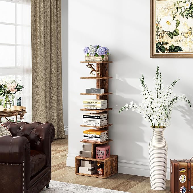 TUTOTAK Book Shelf, Narrow Spine Bookshelf, 8-Tier Bookcase for Small Space | 10.4 x 11.8 x 47.5 Inches Vertical Freestanding Corner Shelf for Living Room, Office, Study, Entryway, Brown BS07BB008