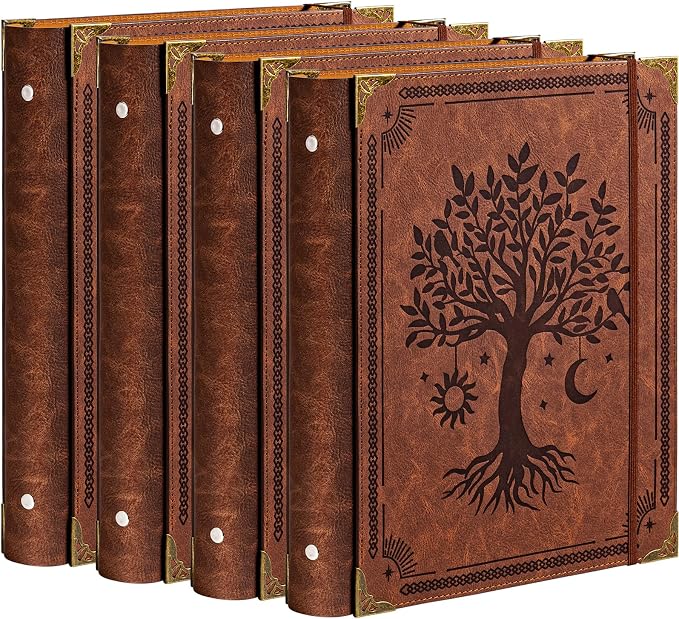 OVESMUSL 4 Pack PU Leather 3 Ring Binder, 1.5 Inch Brown Tree | Fits 8.5x11 letter paper, holds 350 sheets, loose leaf organizer