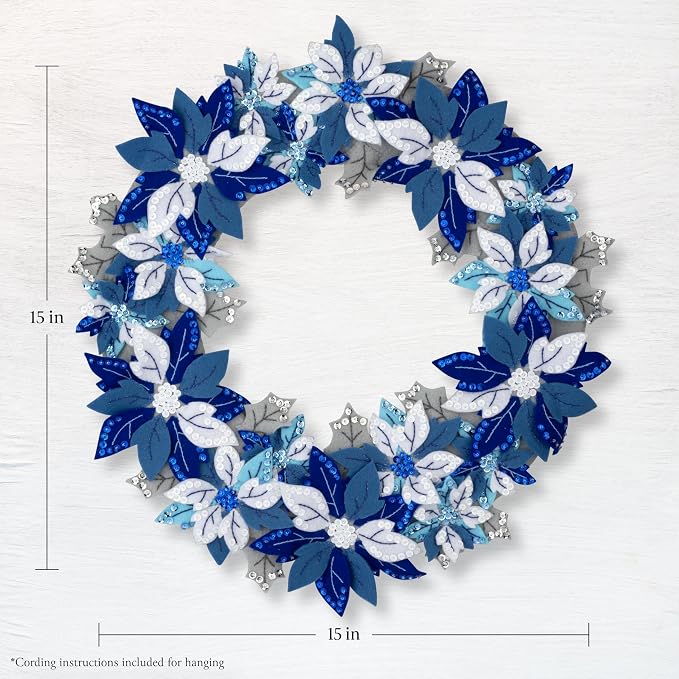 Bucilla Felt Applique Wreath Making Kit, Winter Blue Poinsettia, Perfect for DIY Arts and Crafts