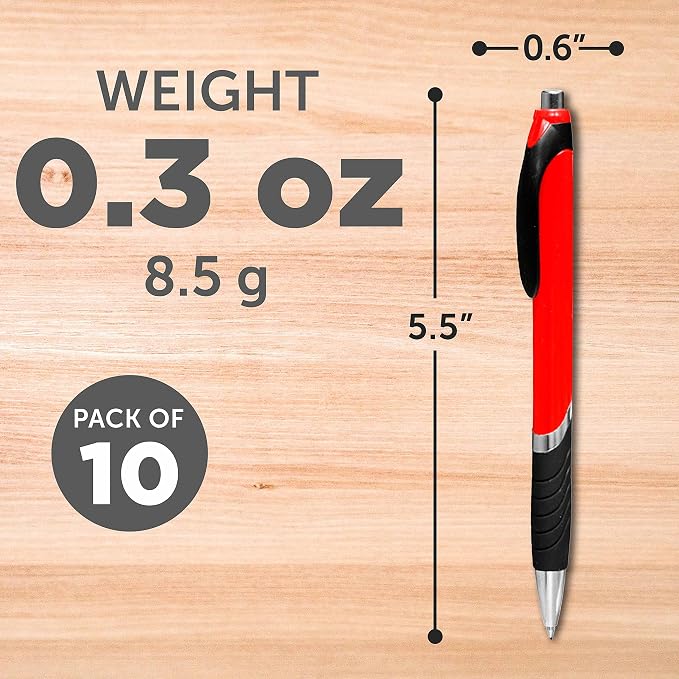 DISCOUNT PROMOS Ballpoint Pens With Rubber Grip - 10 pack - Black Ink Ball Point Pen with Soft Touch Plastic - Red