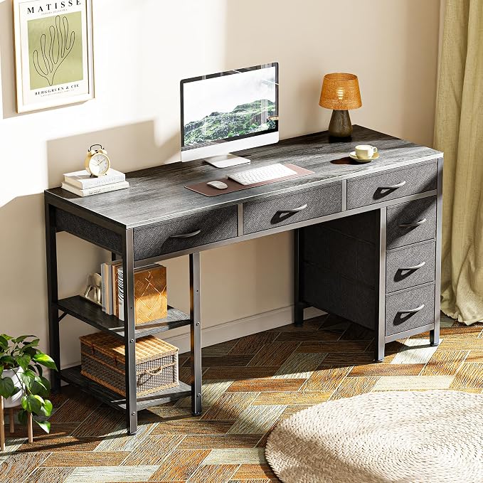Huuger Computer Desk with 6 Drawers, Office Desk with Shelves, Reversible Gaming Desk, Corner Desk with Storage, Work for Home Office, Study, Living Room, 47inch, Grey