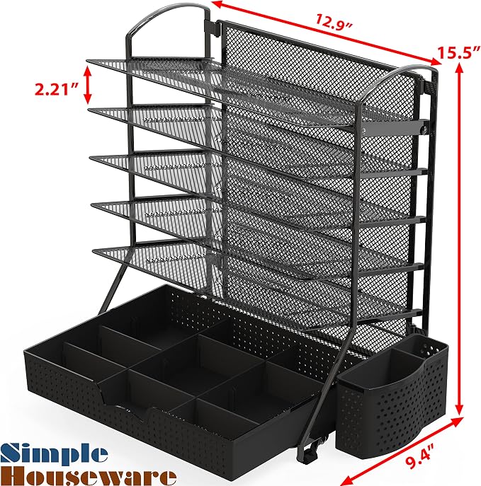 Simple Houseware 6-Tier Desk File Organizer w/Drawer & Pen Holder, Black | 5 Tilted Letter Trays for A4 Paper, Mail and Documents