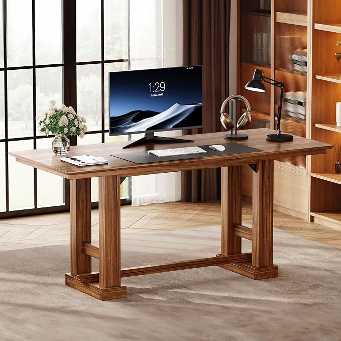 DWVO 70" Computer Desk, Farmhouse Executive Office Workstation, Dark Walnut | Spacious 70” tabletop, sturdy wooden legs, farmhouse style, for home office business writing, easy to assemble