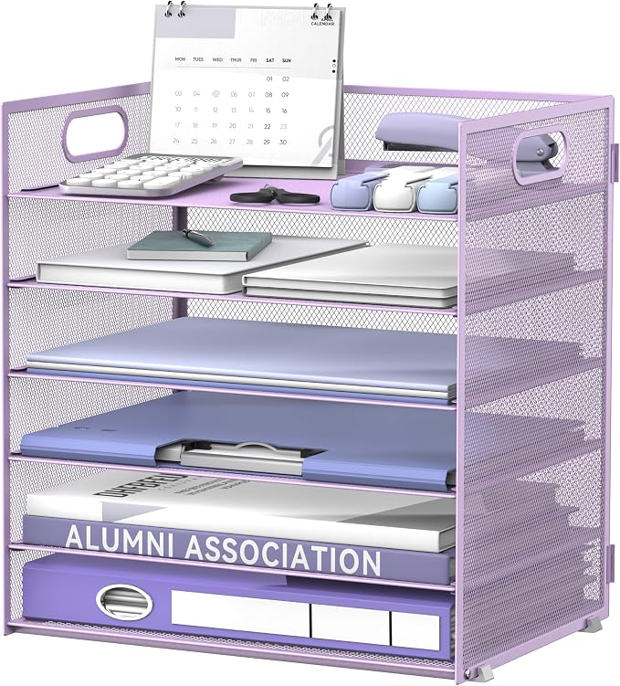 Daltack 6-Tier Paper Organizer for Desk with Handle, Purple | Sturdy Metal Mesh Organizer with Movable Middle Trays and a Carry Handle for Papers, Folders and Office Supplies