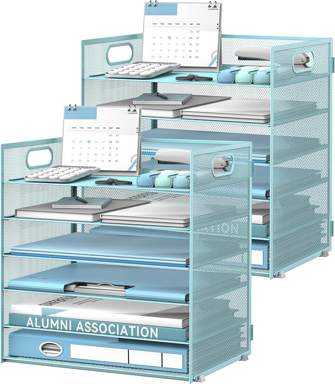 Daltack 6-Tier Paper Organizer for Desk with Handle, Blue, 2 Pack | Sturdy Metal Mesh Organizer with Movable Middle Trays and a Carry Handle for Papers, Folders and Office Supplies