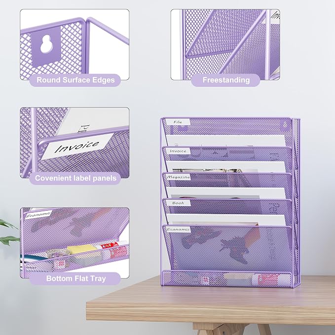 EasyPAG 5 Tier Wall File Holder, Mesh Hanging Folder Organizer with Classify Label, Versatile Desk File Holder, Vertical Wall Mounted Mail Organizer for Office Home Cubicle, Purple