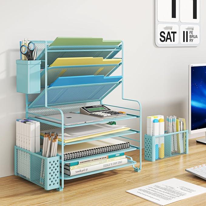 Simple Trending 7 Tier Desk File Organizer, Letter Tray Paper Organizer with Pen Holder and Metal Hanging Basket, Blue
