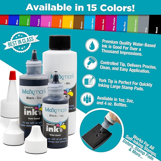 MaxMark Premium Refill Ink with Control Tip Bottle for Self-Inking Stamps, Pink Color - 4 oz.