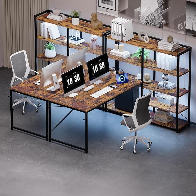Pamray 49 Inch L Shaped Gaming Computer Desk with Shelves and Storage | Compact Reversible Design with LED Lights & Power Outlets, Suitable for Home Office Bedroom Small Spaces and Dorm Study Work