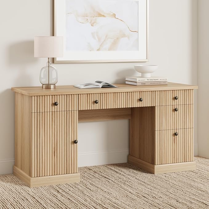 IDEALHOUSE Modern 60" Executive Office Desk with Fluted Details & Charging Station - Wooden Computer Desk with File Drawers, Home Office Storage Desk for Study, Living Room or Bedroom, Burlywood