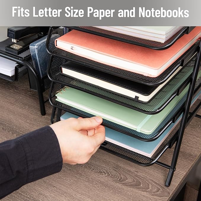 Mind Reader 5-Tier Paper Tray, Desktop Organizer, File Storage, Office, Metal Mesh, 11.75"L x 14"W x 15"H, Set of 2, Black