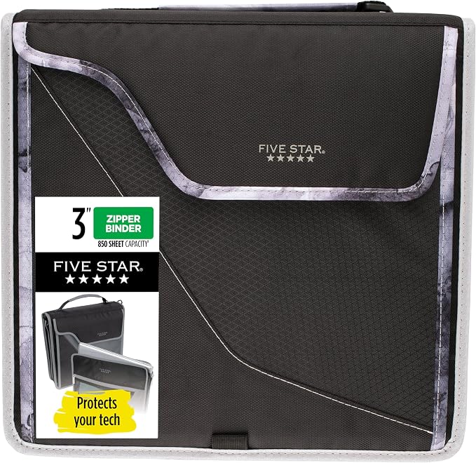 Five Star Zipper Binder, 3 Inch 3-Ring Binder with D Rings, Removable Padded Case, 5-Tab Expanding File and Multi-Use Strap, 850 Sheet Capacity, Black/Gray (29296IT8)