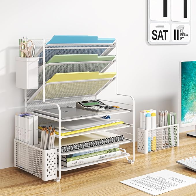 Simple Trending 7 Tier Desk File Organizer, Letter Tray Paper Organizer with Pen Holder and Metal Hanging Basket, White