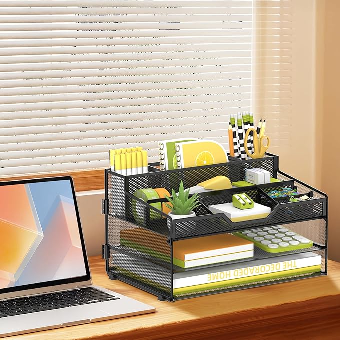 3 Tier Desk Organizer, Mesh Letter Tray Paper Organizer with 5 Adjustable Storage Compartments & Pen Holder, Metal Desk Accessories for Home Office School, Black