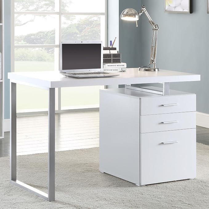 Coaster Home Furnishings Brennan Modern Contemporary Home Office 3-Drawer Writing Desk with Drawers Computer Desk Study Table File Cabinet Storage Silver Metal Frame White 800325
