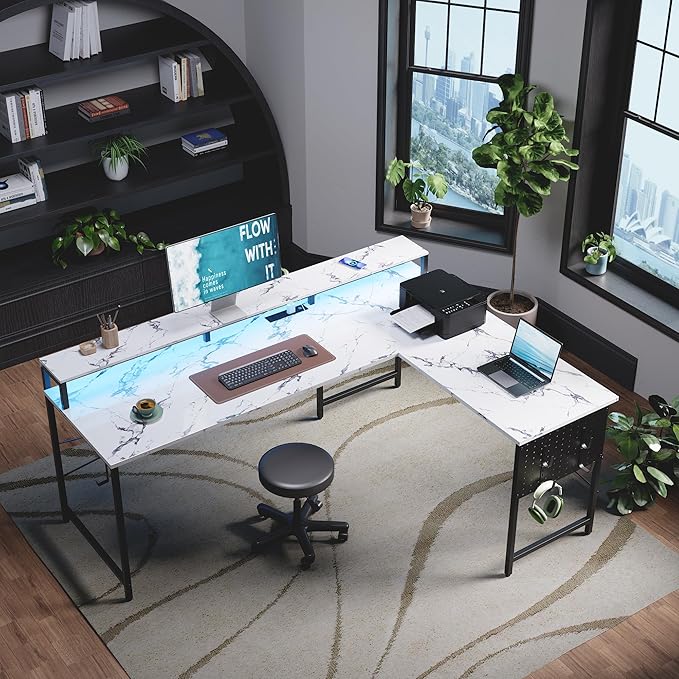 Pamray 64 Inch L Shaped Gaming Desk with Monitor Stand and Power Outlets | Large Corner Computer Desk With Pegboard & Led Lights USB Charging Ports for Home Office Study and Writing Bedroom and Dorms