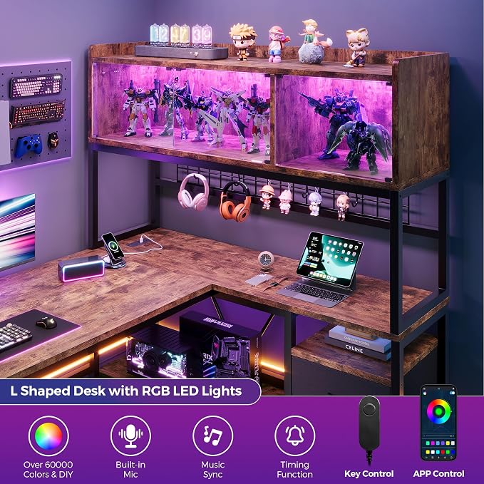 L Shaped Gaming Desk with Drawers, Corner Computer Desk with LED Tempered Glass Display Cabinet, Shaped L Office Desk with Charging Station and Fabric Drawer, PC Desk for Gaming and Office, Brown