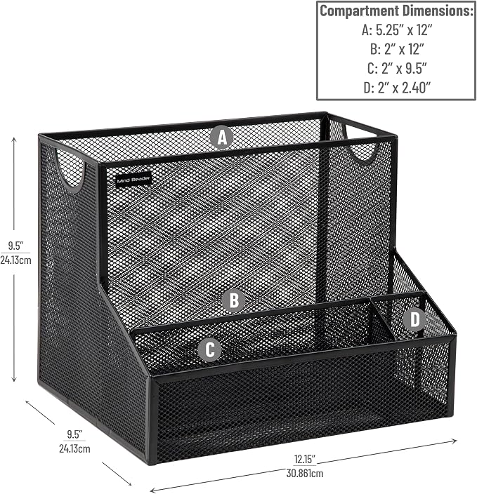 Mind Reader Desktop Organizer with Hanging File Storage, 4 Compartment Letter Size File Holder, Metal Mesh Desk Organizer for Office and Home, Black