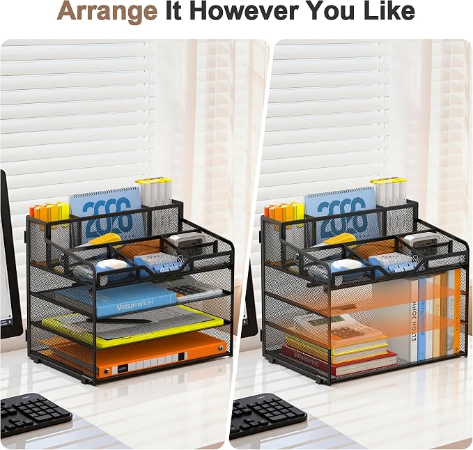 Docnest 4 Tier Mesh Desk Organizer with Letter Tray & Paper Sorter, Black | Features 3 built-in pen holders & 5 adjustable compartments on top. Includes 4 non-slip rubber feet for desk protection