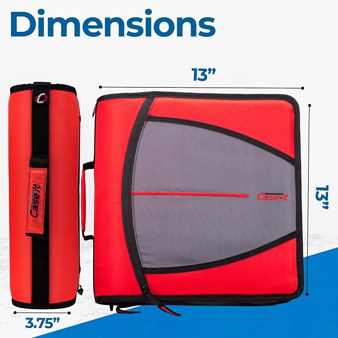 Case-it Zipper Binder | 3-Inch O-Rings | 600-Sheet | D-146 Fire Engine Red | Mighty Zip Tab, 5-Subject Expanding File Folder, Multiple Pockets, Storage Organizer, Shoulder Strap, School & Office