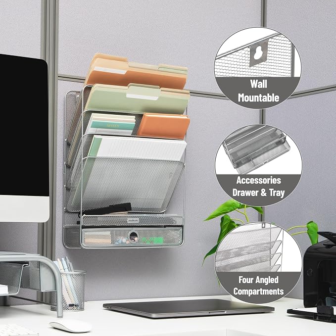 Mind Reader 4-Tier Vertical File Storage, Desktop Organizer, Wall Mount, Office, Metal Mesh, 12.5"L x 4"W x 16.5"H, Silver